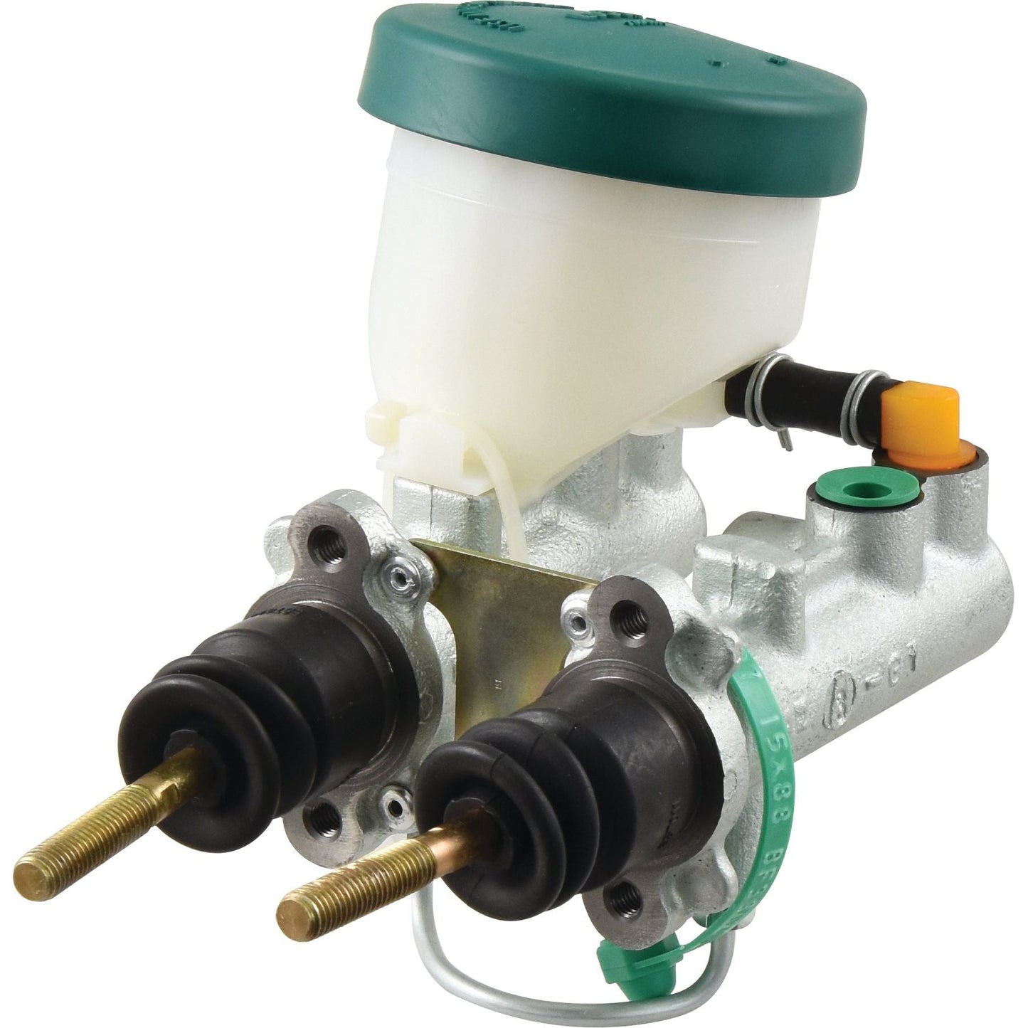The Sparex Brake & Clutch Master Cylinder, Part No. S.118890, features a dual master cylinder with a green cap, rubber boots covering two pistons, and metal mounting points. It includes fluid reservoirs and various ports for connection, making it ideal for Massey Ferguson tractors.