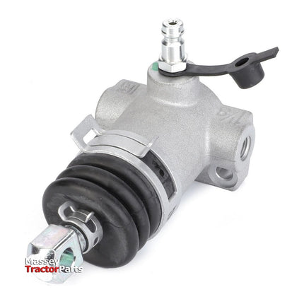 Close-up of a metallic hydraulic component with cylindrical features, including a black rubber seal and multiple connection points. The Massey Tractor Parts logo in the bottom left corner indicates that this is an AGCO Massey Ferguson Brake Cylinder (Product Number: 6312241M91), compatible with the 1000 Series tractors.