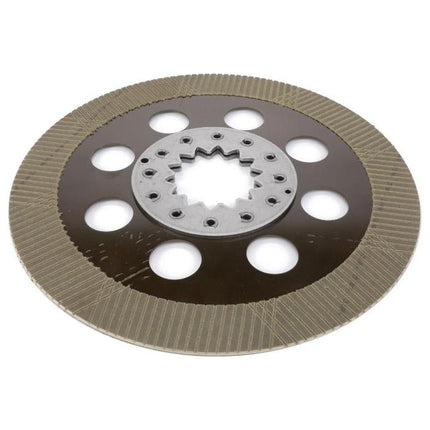 The AGCO Massey Ferguson brake disc (product numbers 3795499M1 and 4312244M1) features a metallic center, six large circular holes, and a grooved surface pattern designed to fit Massey Ferguson 5400 Series tractors.