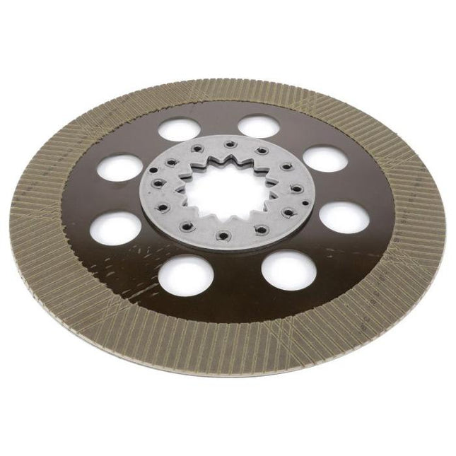 The AGCO Massey Ferguson brake disc (product numbers 3795499M1 and 4312244M1) features a metallic center, six large circular holes, and a grooved surface pattern designed to fit Massey Ferguson 5400 Series tractors.