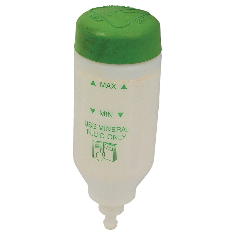 A Brake Fluid Reservoir with a white bottle, a green cap labeled "Use mineral fluid only," featuring minimum and maximum indicators, suitable for Massey Ferguson tractors. Sparex Part No. S.42193 by Sparex.