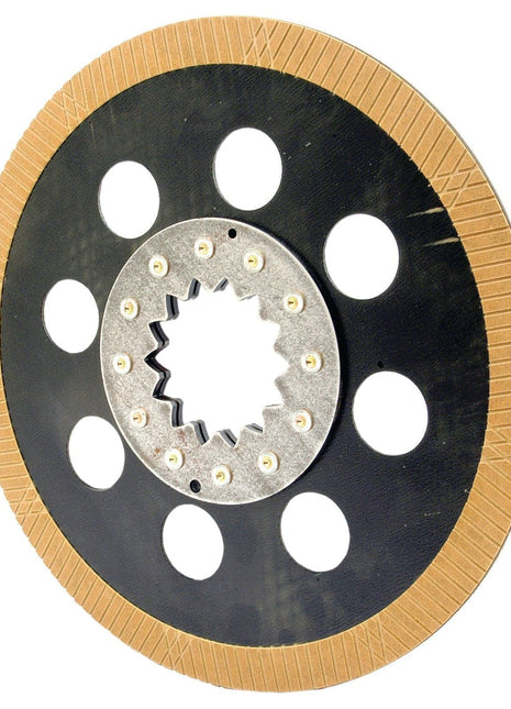 A circular clutch plate with a textured surface and multiple round cutouts around a central hub, featuring Sparex's durable lining material: paper, can be described as the Brake Friction Disc. OD 340mm - S.43459 by Sparex.