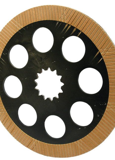 A Brake Friction Disc by Sparex, model S.42354, with a 355mm diameter, features a round black and brown design with eight circular holes evenly spaced along the inner edge and a star-shaped hole in the center.