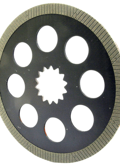 A circular black Brake Friction Disc by Sparex, OD 355mm - S.43458, with eight round holes and a jagged central hole bordered by gray textured material, featuring Splines 14.