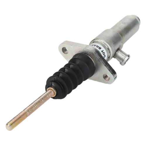 The AGCO Massey Ferguson Brake Master Cylinder (part number 1682767M91) features a black rubber boot and an extended threaded rod, making it ideal for use in Massey Ferguson tractors.