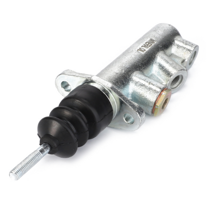 The AGCO Massey Ferguson - Brake Master Cylinder (3614780M91), designed for the Massey Ferguson 300 Series, includes a black rubber boot and a threaded adjustment rod, and is compatible with mineral oil.