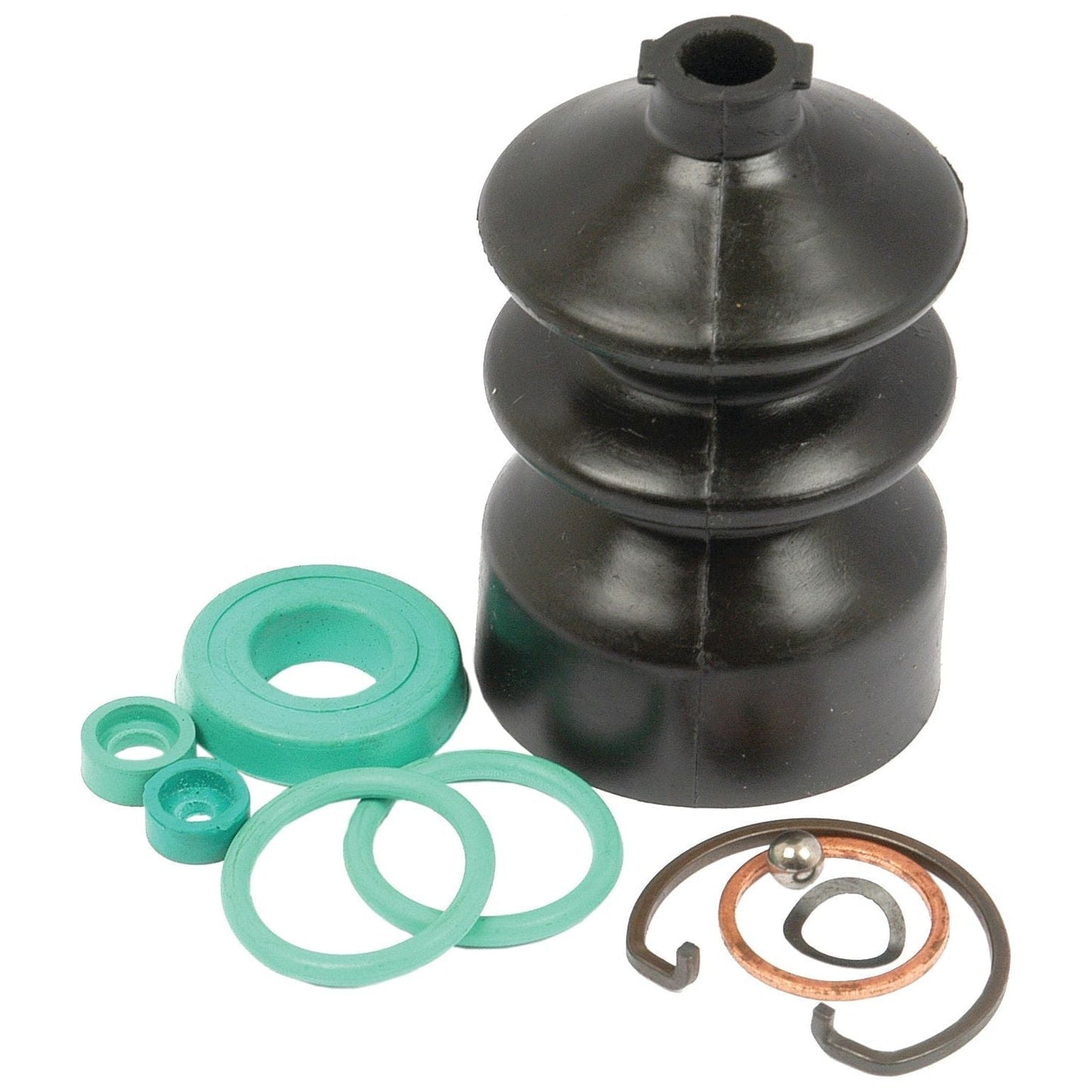 The Brake Master Cylinder Repair Kit by Sparex (Sparex Part No. S.42032) includes a comprehensive collection of components such as rubber seals, metal rings, and a distinctive black bellows-shaped piece, making it ideal for Massey Ferguson master cylinders.