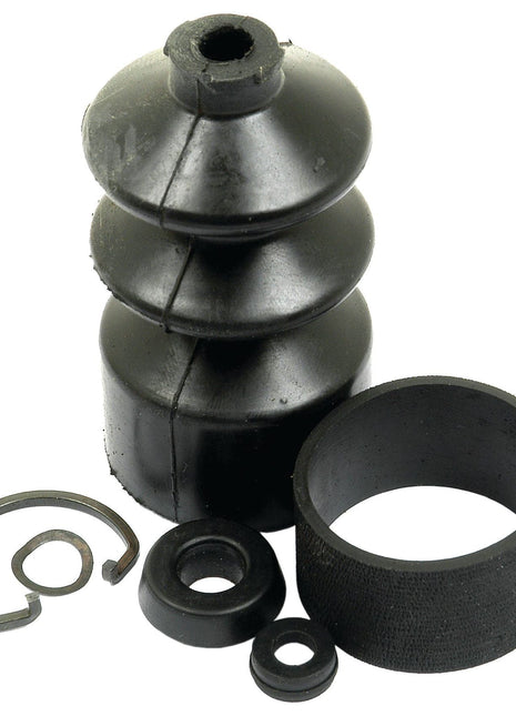 A collection of black rubber and metal automotive parts, including a boot, rings, and various seals from the Sparex Brake Master Cylinder Repair Kit (Part No. S.42034), arranged on a white background.