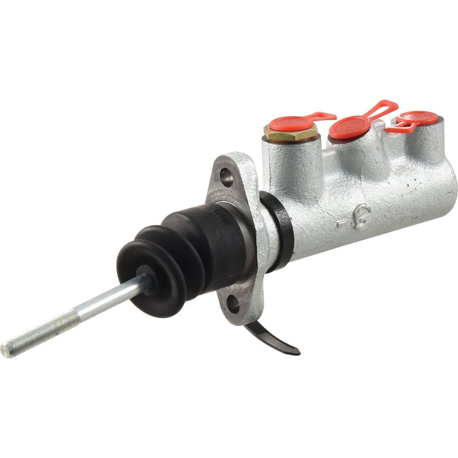 The Sparex Brake Master Cylinder (Part No. S.39888) is displayed, featuring a silver body, black boot, and three red-capped ports - the ideal choice for your Massey Ferguson equipment.
