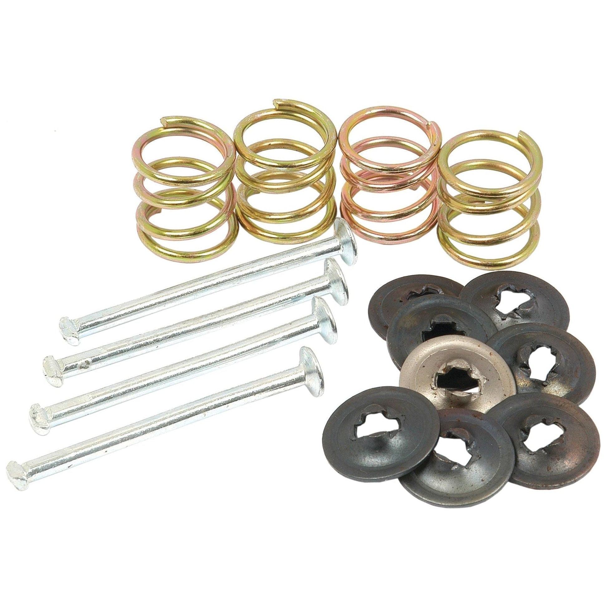 A set of metal hardware, resembling a Brake Pin Kit (Sparex Part No. S.41483 by Sparex), includes four bolts, twelve washers in various shades, and nine coiled springs arranged on a white background.