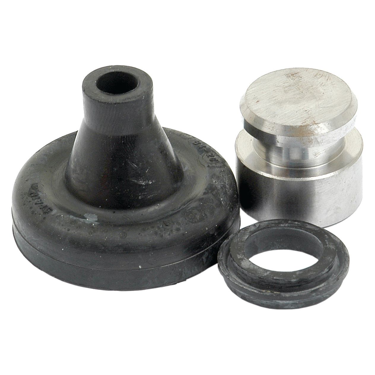 An assortment of mechanical parts, including a rubber seal, a metal plug, and a metal piston on a white background—perfect for your Sparex Brake Slave Cylinder Repair Kit (Sparex Part No. S.42321).
