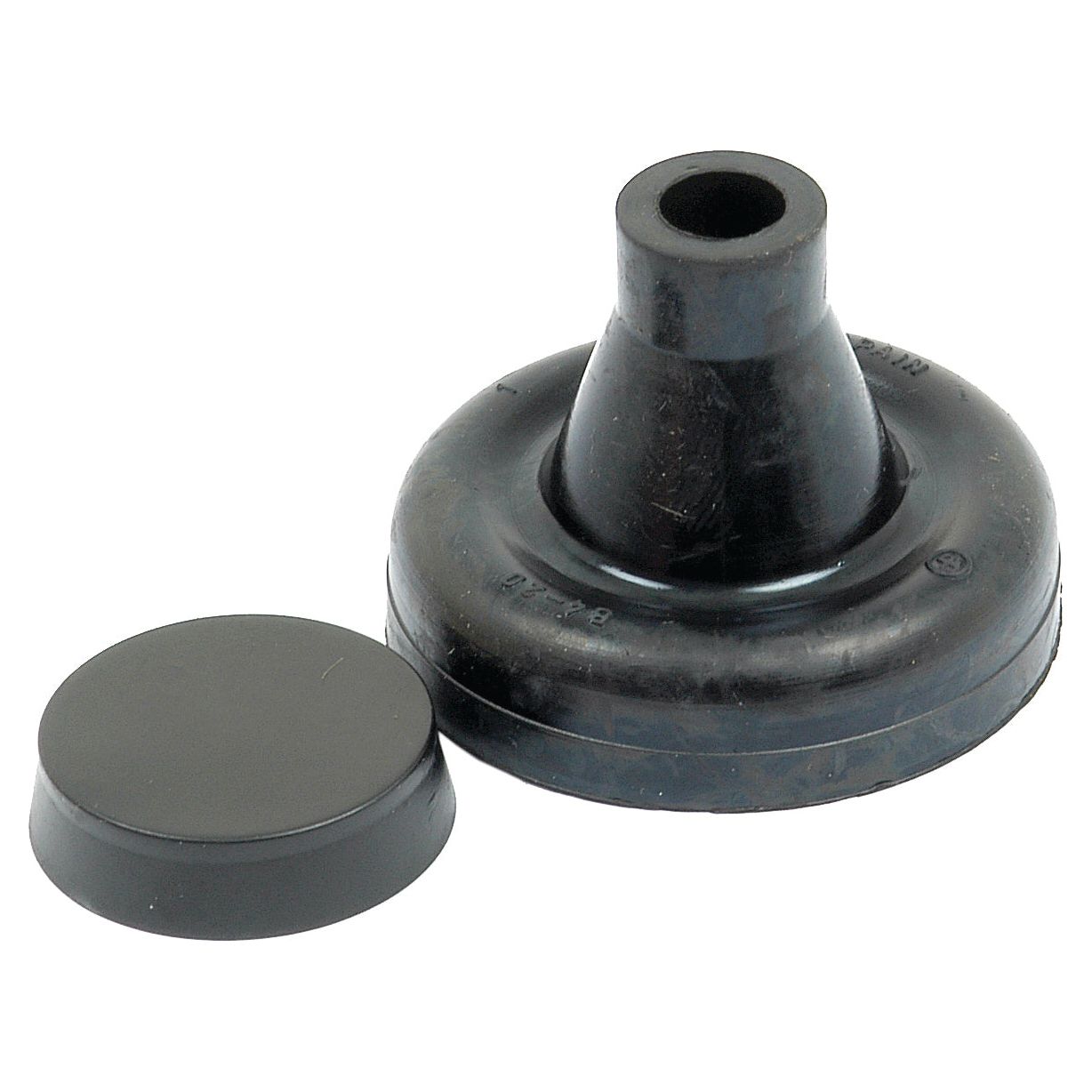 A black rubber cone with a detachable round cover placed next to it, resembling a component from the Sparex Brake Slave Cylinder Repair Kit (Sparex Part No. S.42322).