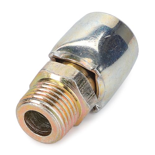 Close-up of a metallic, threaded pipe fitting with a hexagonal nut and a cylindrical sleeve, ideal for Massey Ferguson 1000 Series tractor parts (Product Name: Massey Ferguson - Breather - 190729M91, Brand Name: AGCO).