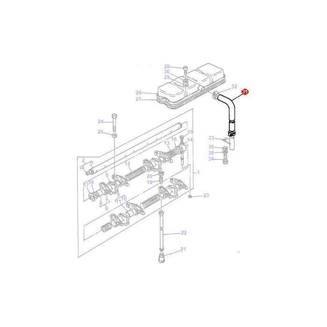 A technical diagram of an AGCO Massey Ferguson tractor engine component assembly from the 200 Series, highlighting and labeling part number 32, which corresponds to the Breather Pipe (Product Number: 740497M1).