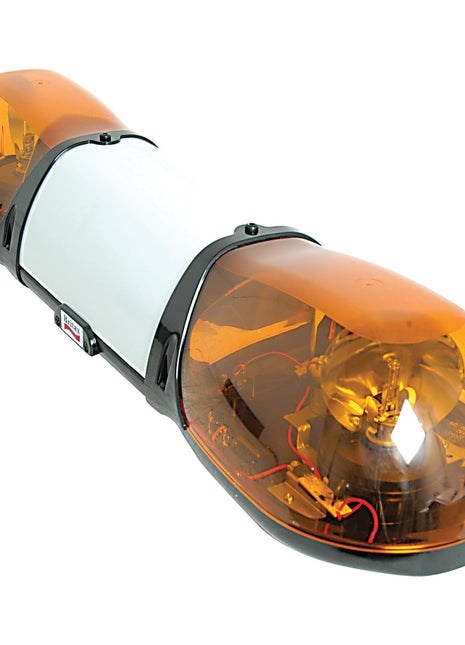 The Aerolite Bar (Halogen) 4 Bolts, 750mm, 12V from Sparex (Part No. S.20641), an emergency vehicle light featuring an amber ECE rating with halogen bulbs, includes two transparent covers on either end and is mounted on a white base with visible internal wiring and components.