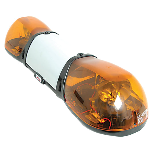 The Aerolite Bar (Halogen) 4 Bolts, 750mm, 12V from Sparex (Part No. S.20641), an emergency vehicle light featuring an amber ECE rating with halogen bulbs, includes two transparent covers on either end and is mounted on a white base with visible internal wiring and components.
