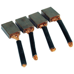 The Sparex Brush Set (Part No. S.41154) consists of four carbon motor brushes, each equipped with attached braided copper wires and black insulative sleeves, arranged side by side. Specifically designed for 12V applications, these robust components from Sparex guarantee optimal performance and durability.