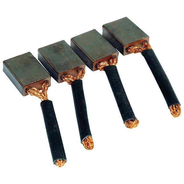 The Sparex Brush Set (Part No. S.41154) consists of four carbon motor brushes, each equipped with attached braided copper wires and black insulative sleeves, arranged side by side. Specifically designed for 12V applications, these robust components from Sparex guarantee optimal performance and durability.