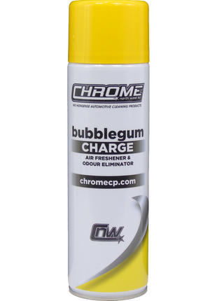 A can of JMCE DEALS Chrome - Bubblegum Charge air freshener and odor eliminator with a yellow cap and white label.