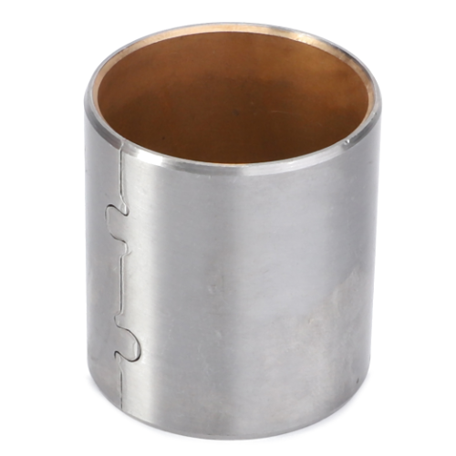 The AGCO Massey Ferguson - Bush - 180345M3 is a cylindrical metallic bushing featuring a visible seam running vertically along its side. Its interior surface boasts a copper-colored finish, while the exterior retains a silver metallic hue, making it an ideal component for Massey Ferguson TE20 tractors of the 100 Series.