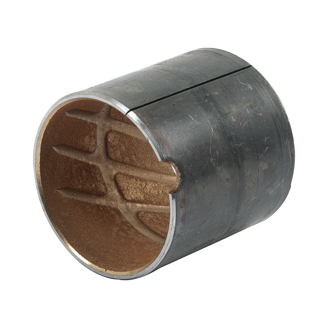 The Sparex Spindle Bush | Sparex Part No.S.3408 is a cylindrical metallic sleeve with an open end, internal structural lining, and an external side notch, essential for Bush Front & Rear applications.