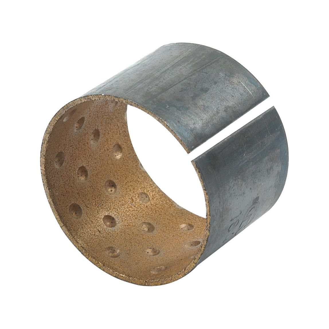 Image of the Sparex Bush (Sparex Part No. S.40740), a cylindrical metal component with a perforated inner surface and a cut through one side, creating a split-ring appearance, compatible with Ford New Holland brake and clutch fork shaft systems.