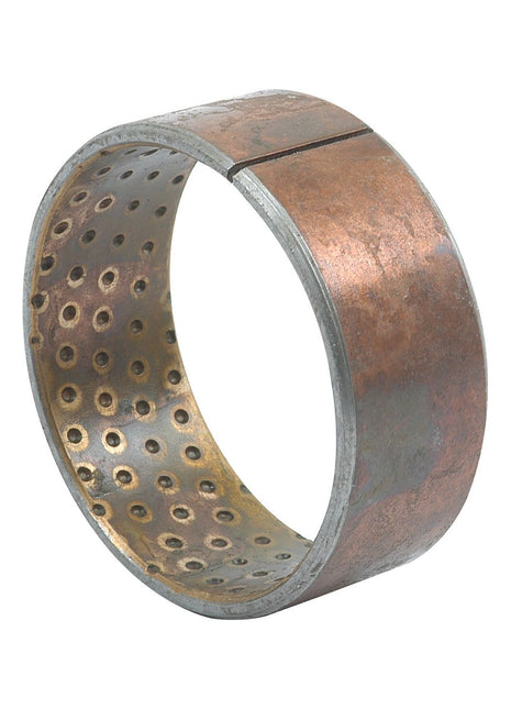 A Bush rear axle by Sparex (Part No. S.43477), featuring a cylindrical metal design with perforated holes and a partial slit, shows signs of wear and tarnish on the surface—ideal for use in Massey Ferguson parts.
