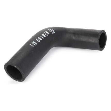 The AGCO Massey Ferguson - Bypass Hose MF35 4cyl - 826199M1 features a black rubber construction with a 90-degree bend and white markings, making it ideal for Massey Ferguson Pre-100 Series.