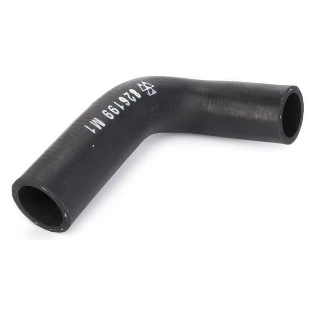 The AGCO Massey Ferguson - Bypass Hose MF35 4cyl - 826199M1 features a black rubber construction with a 90-degree bend and white markings, making it ideal for Massey Ferguson Pre-100 Series.