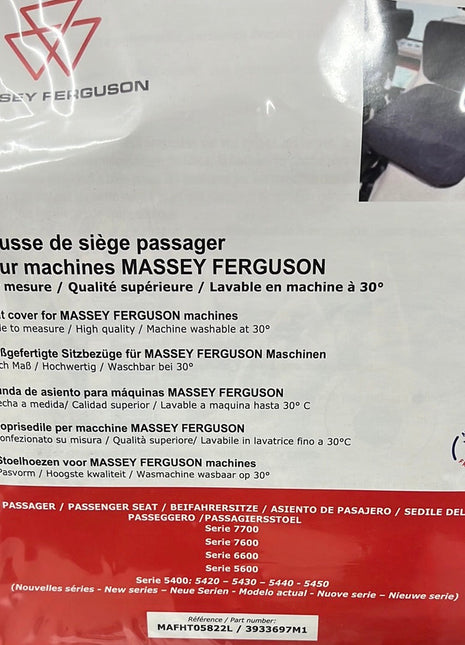 An AGCO display showcases the Massey Ferguson - Passenger Seat Cover - 3933697M1 package, intended for passenger machinery. The multilingual text details product features such as size, quality, and washability, specifically designed for Massey Ferguson 5400 Series and 6600 Series passenger seats.