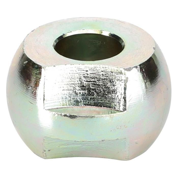 A metallic spherical nut with a central hole and a smooth, reflective surface, displaying some wear and scratches, reminiscent of the robust AGCO Massey Ferguson - CAT 1 Lower Link Ball - 886428m1 components found on tractors.