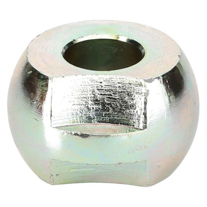 A metallic spherical nut with a central hole and a smooth, reflective surface, displaying some wear and scratches, reminiscent of the robust AGCO Massey Ferguson - CAT 1 Lower Link Ball - 886428m1 components found on tractors.