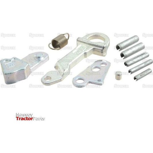 A set of mechanical metal parts including brackets, a spring, and spring pins, displayed on a white background with "Sperex" and "Massey Tractor Parts" logos. The product is named *SPECIAL PRICE* - Lower Link Hook Repair Kit (Cat. 3) | Sparex Part No.S.128845 from the brand JMCE DEALS.
