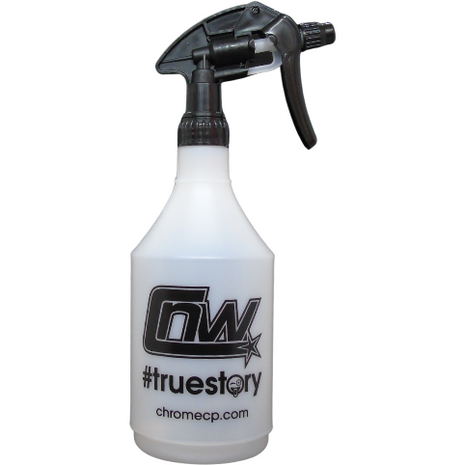 A JMCE DEALS Chrome 750ml white plastic spray bottle with a black nozzle, featuring the logo and the text "#truestory" and "chromecp.com.