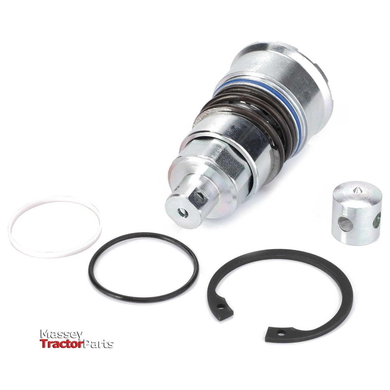 A Massey Ferguson - COUPLER KIT PARTS PACK - 4358014M13 from AGCO, featuring a metal hydraulic coupler with various rubber O-rings and a snap ring on a white background, showcasing "Massey Tractor Parts," compatible with Massey Ferguson Models like the MF 8737 and MF 8650.
