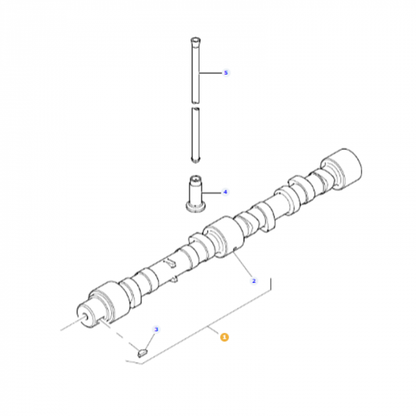 Diagram of the Massey Ferguson - Camshaft - 4226933M1 assembly by AGCO with labeled parts. The components include the camshaft, two connected rods, and three smaller parts arranged around the central camshaft.