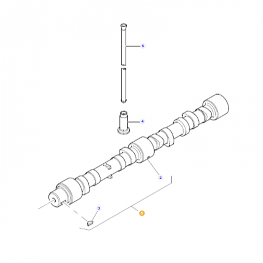 Diagram of the Massey Ferguson - Camshaft - 4226933M1 assembly by AGCO with labeled parts. The components include the camshaft, two connected rods, and three smaller parts arranged around the central camshaft.