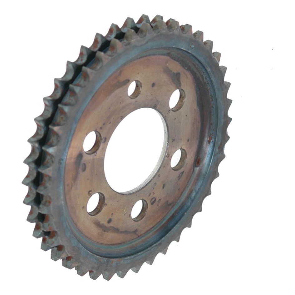A rusty Sparex Camshaft Gear - S.61637 featuring six holes around the central opening, with a diameter of 125mm.