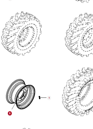 A black-and-white diagram showing four tires and one AGCO Wheel Rim - 3970238M1, labeled "3." The diagram appears to be part of an instructional or assembly guide for the MF 8043.