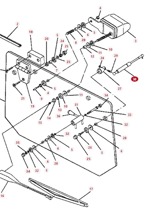 Exploded diagram of a Massey Ferguson Cab Window Damper (Product Code: 3311782M91) by AGCO, illustrating various parts such as bolts, screws, plates, rods, and other components. Each part is numbered for identification.