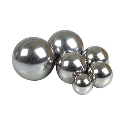 Several shiny, metallic balls of varying sizes, including a Sparex Carbon Steel Ball Bearing Ø5/16'' (Sparex Part No. S.10902), are grouped together against a white background.