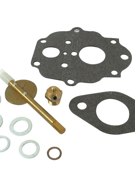 A collection of carburetor parts, featuring gaskets, washers, a needle, a brass valve, and other small components from the Sparex Carburettor Repair Kit (Part No. S.42541), displayed on a white background.