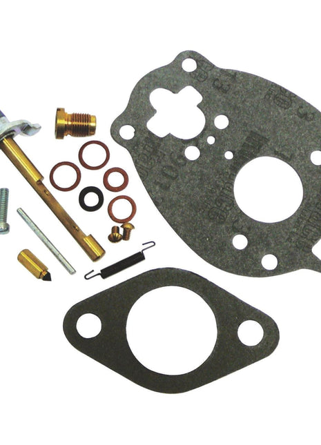 A Sparex Part No.S.66446 Carburettor Repair Kit, featuring an assortment of components including gaskets, screws, a needle valve, O-rings, and springs, displayed on a white background; perfect for maintaining your Massey Ferguson machinery.