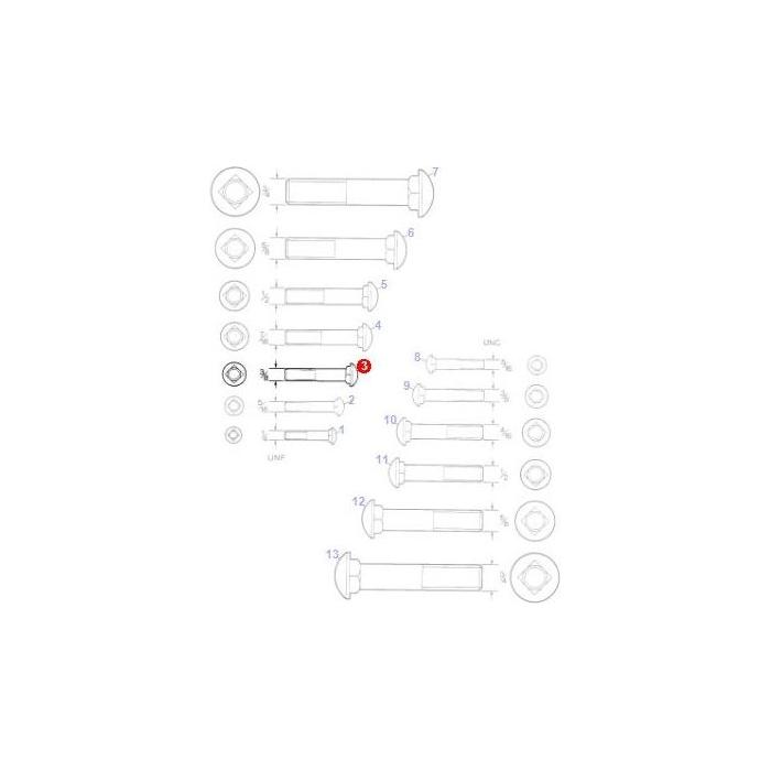 Diagram of various bolt sizes and corresponding measurements, highlighting one specific bolt with a red circle. Each bolt, ideal for 100 Series Massey Ferguson tractor parts, is numbered and collated with related washers and nuts. Specifically featured is the AGCO brand Carriage Bolt 3/8 x 1.3/8unf - part number 353811X1.
