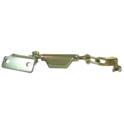 The Stabiliser Chain - Bracket – Thread Ø16mm - Min. Length: 387mm – 3/4 UNC by Sparex, designated as Part No.S.4248, is a metal mechanical component featuring several linked parts such as a hinge, connecting rod, and mounting plate. It is compatible with various thread sizes for versatile applications in Massey Ferguson machinery.