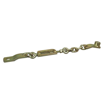 A metal door chain latch featuring Sparex end fittings, consisting of two segments connected by a central adjustable length mechanism, officially named the Stabiliser Chain - Holes Ø20.5mm - Holes Ø22.5mm - Min. Length: 560mm - 1/2 UNF | Sparex Part No.S.41303 from the brand Sparex.