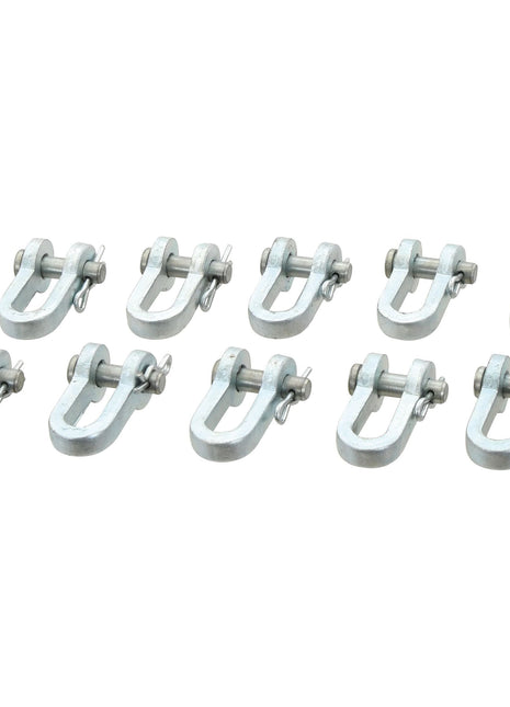 Ten identical Sparex D Shackle connectors (Pin Ø8mm, Jaw Width: 18mm - S.41049), each with an internal length of 35mm, are evenly arranged in two rows of five. Each 8.5mm shackle features a U-shaped design with a threaded bolt and nut securing the opening.