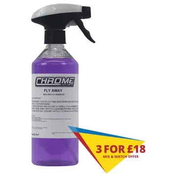 Image of a bottle of JMCE's Chrome - Fly Away insect remover spray with a spray nozzle. Text on the image indicates a promotion: "3 for £18, Mix & Match Offer." The purple liquid inside the bottle has a cherry fragrance, providing a pleasant cleaning experience.