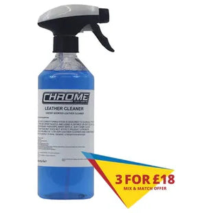 A bottle of JMCE Chrome - Leather Cleaner with a spray nozzle, filled with blue liquid. The bottle has label text and a promotional banner reading "3 FOR £18 MIX & MATCH OFFER" at the bottom right corner.