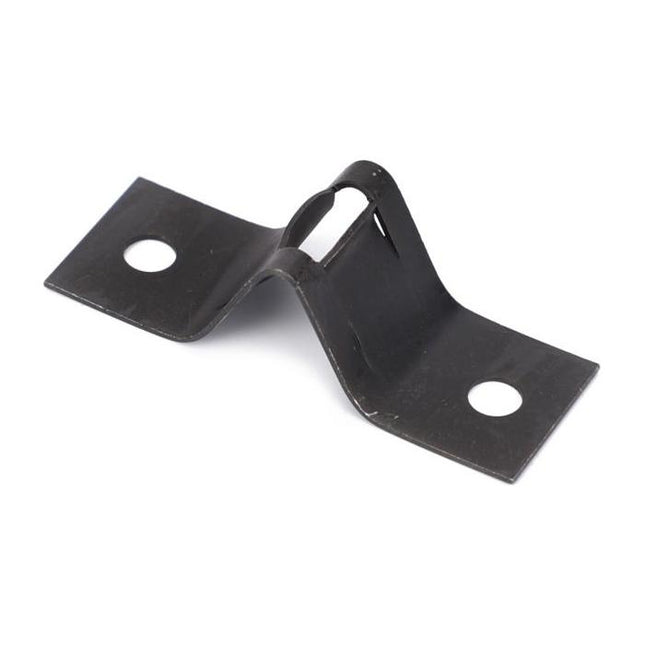 The AGCO Massey Ferguson Clamp Fixing (Product Code: 3388153M1) is a black metal bracket with two flat ends featuring circular holes and a raised central section with a rectangular cutout, ideal for Massey Ferguson tractor parts.